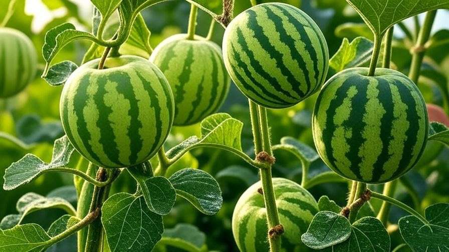 Close-up of apple watermelon varieties growing on vines in a sunny garden