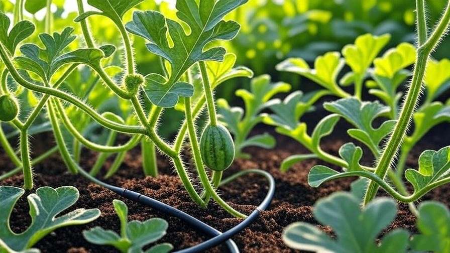 "Close-up of watermelon plant with drip irrigation and developing fruits". 