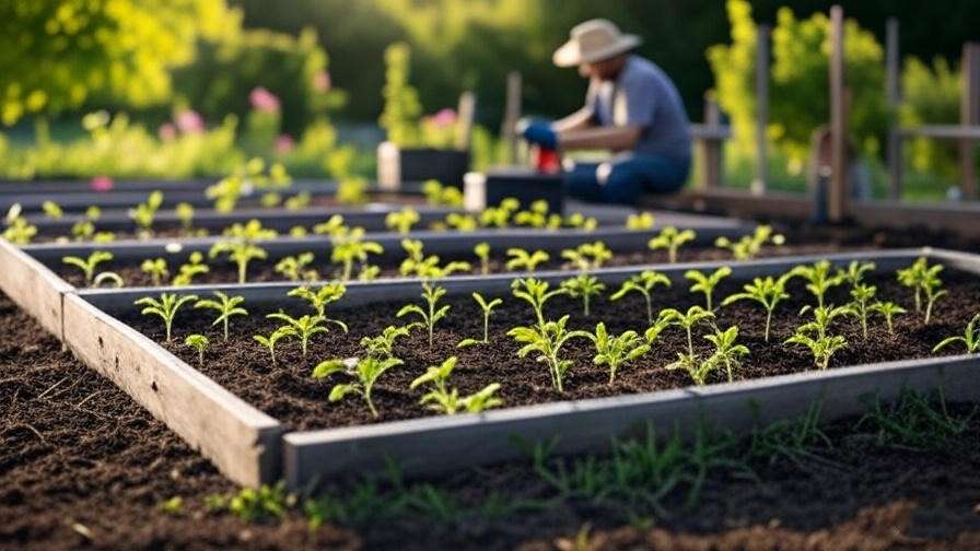 "Garden plot with watermelon seedlings and gardener using soil testing kit." 