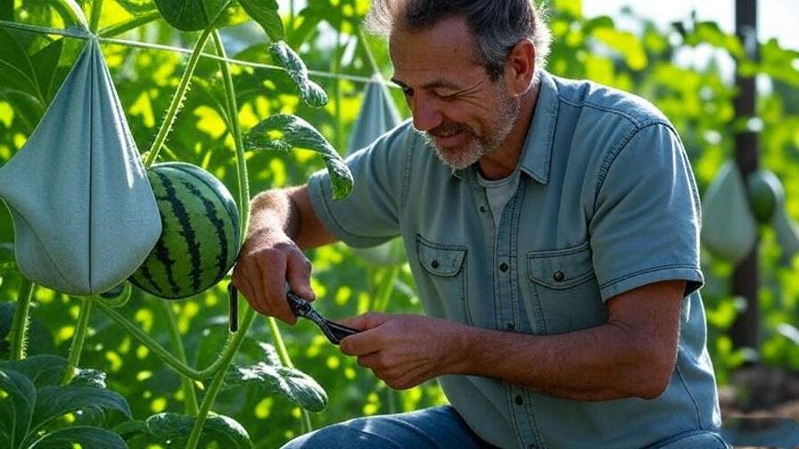  "Watermelon plant with powdery mildew next to a healthy plant in a garden".