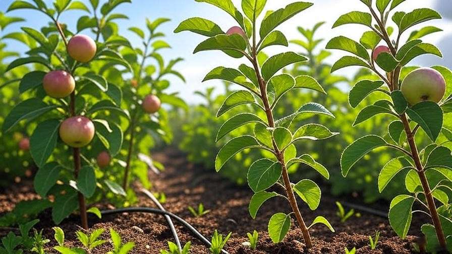 Apple watermelon plants with drip irrigation in a sunny garden." 