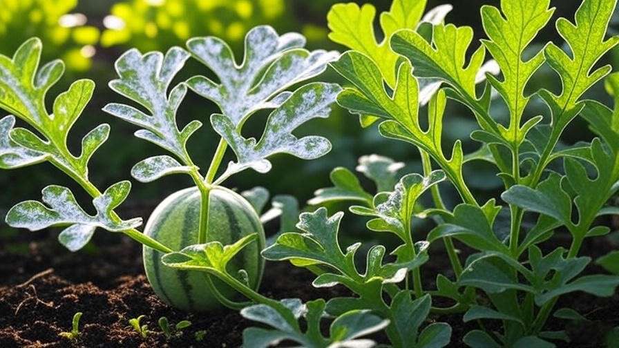  "Watermelon plant with powdery mildew next to a healthy plant in a garden".