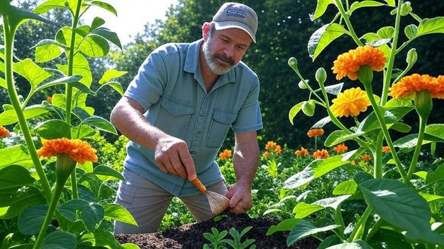 Gardener hand-pollinating apple watermelon flowers with marigolds nearby."