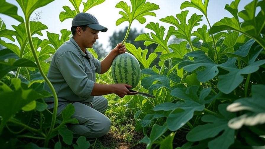 "Gardener pruning giant watermelon vine with healthy fruit." 