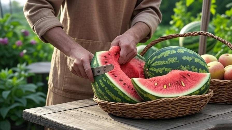 "Freshly harvested apple watermelons with gardener cutting one open." 