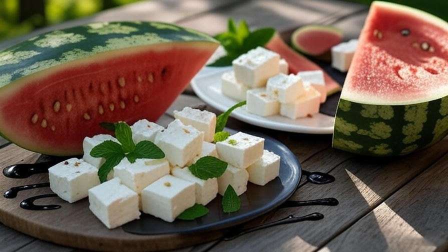 "Sliced Ciroc Summer Watermelon salad with feta and mint on a rustic table". 