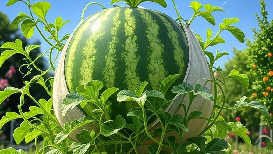 "Giant watermelon in fabric sling on trellis with thriving vines." 