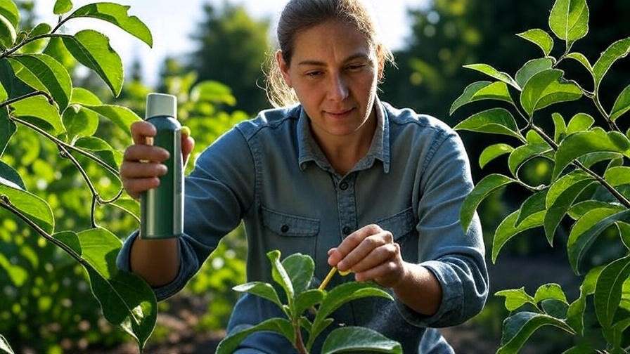 Gardener applying neem oil to apple watermelon plants with pest damage.