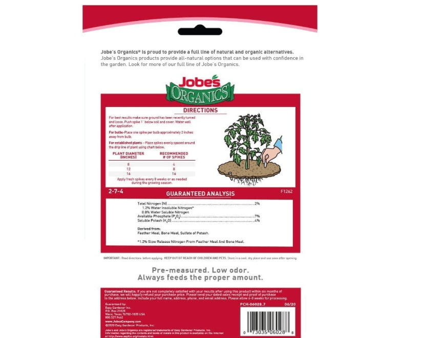 
Jobe’s Organics Vegetable & Tomato Fertilizer Spikes, 2-7-4 Time Release Fertilizer for All Vegetables, Herbs and Tomato Plants, 50 Spikes per Package.