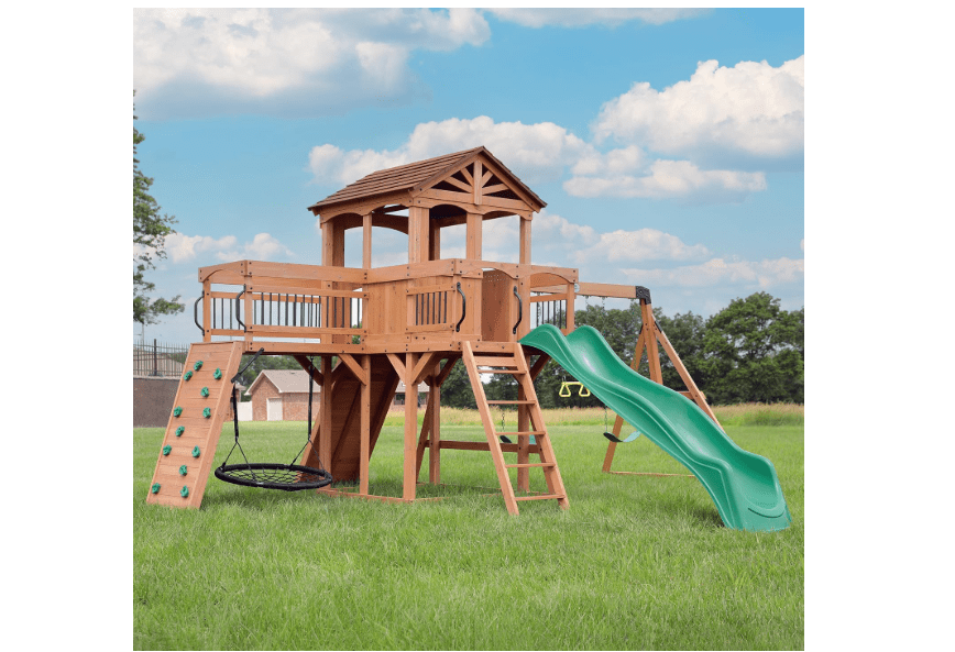  Backyard Discovery Sterling Point Cedar Wood Swing Set with Wave Slide, Raised Clubhouse, Wooden Bridge, Rock Wall, Belt Swings, Web Swing, Trapeze, Balcony
