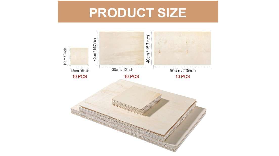 Maasechs 30 Pack Poplar Wood Sheets in 3 Mixed Size 12x20 Inch, 12x15.7 Inch, 6x6 Inch Poplar Plywood Boards Unfinished Wood Pieces for Laser Cutting 
