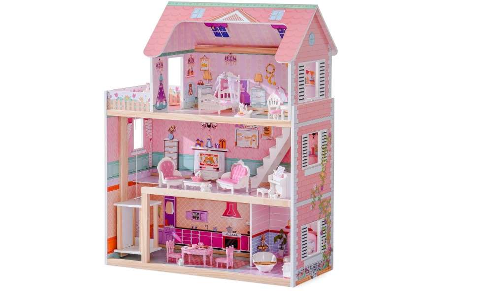 
ROBUD Wooden Dollhouse, Doll House Playset with 24-pcs Exquisite Accessories, Working Elevator, Gift for Ages 3+