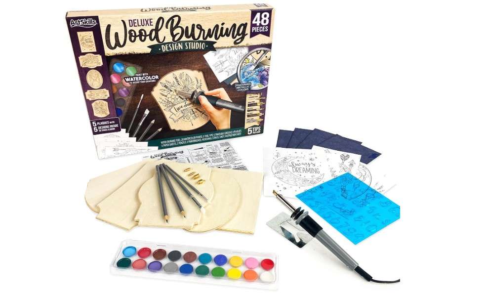 
ArtSkills Wood Burning Kit for Beginners, Deluxe Pyrography Wood Engraving Art Set with Burner Pen, Stencils, Watercolor Paints, DIY Tools for Adults 