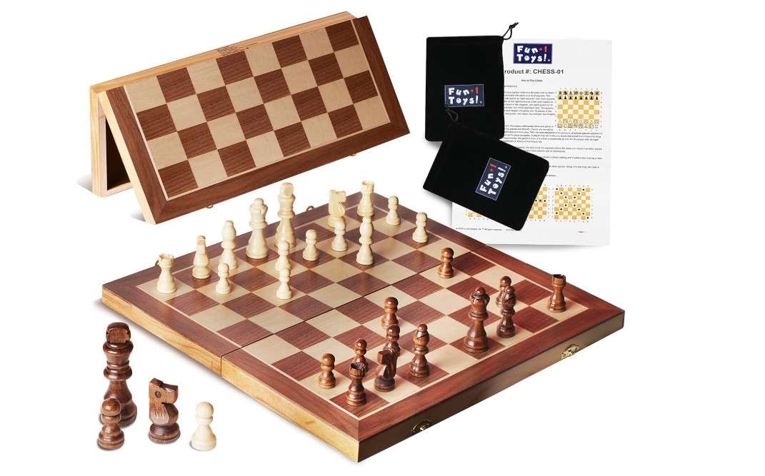  Fun+1 Toys! Wooden Chess Set for Adults and Kids, 15" Portable Chess Board Set with Chess Pieces & Drawstring Bag