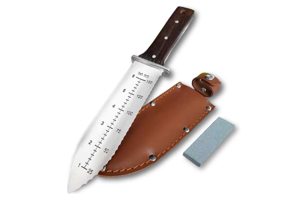  gonicc Professional Hori Hori Garden Knife with Leather Sheath, Protective Handguard, High polished 440 Stainless Steel Blade, Sharpening Stone Included
