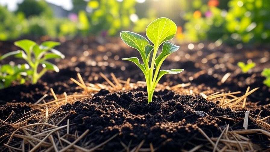 Mini Love Watermelon seedling in loamy soil with compost and mulch under sunlight