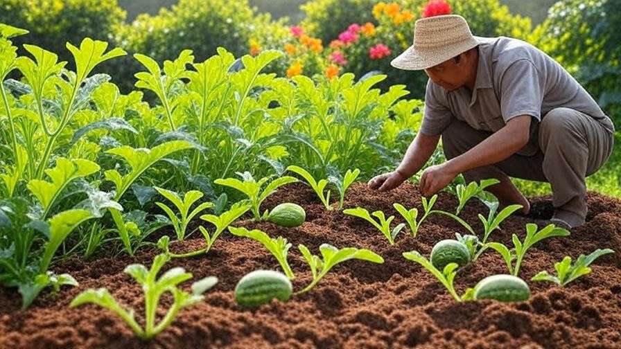  "Farmer planting seeded watermelon varieties in a vibrant garden with marigolds". 