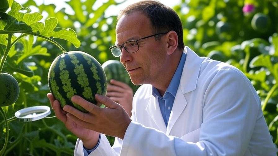 "Horticulturist examining seeded watermelon in a research garden". 