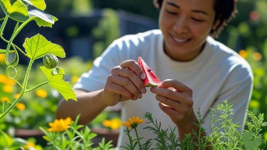 "Person hand-pollinating Mini Love Watermelon flower with brush in sunny garden"