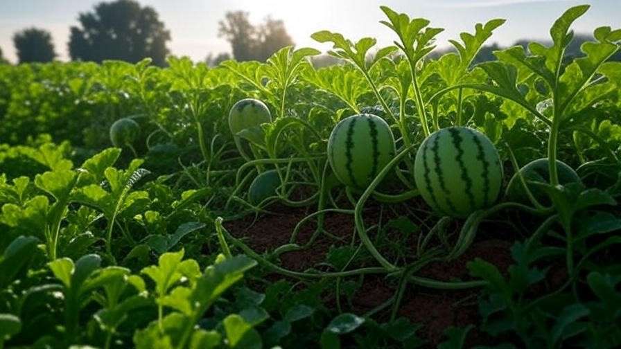"Drip irrigation system watering seeded watermelon plants in a garden". 