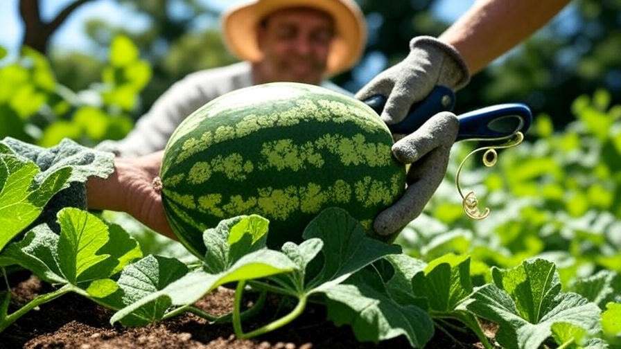 Harvesting ripe Mini Love Watermelon with shears showing yellow underside