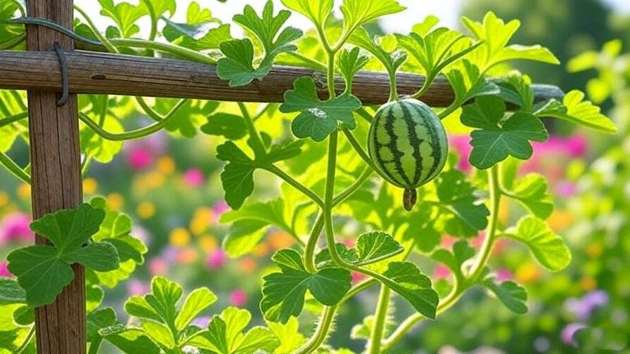 Trellised seeded watermelon plant with supported fruit in a garden". 