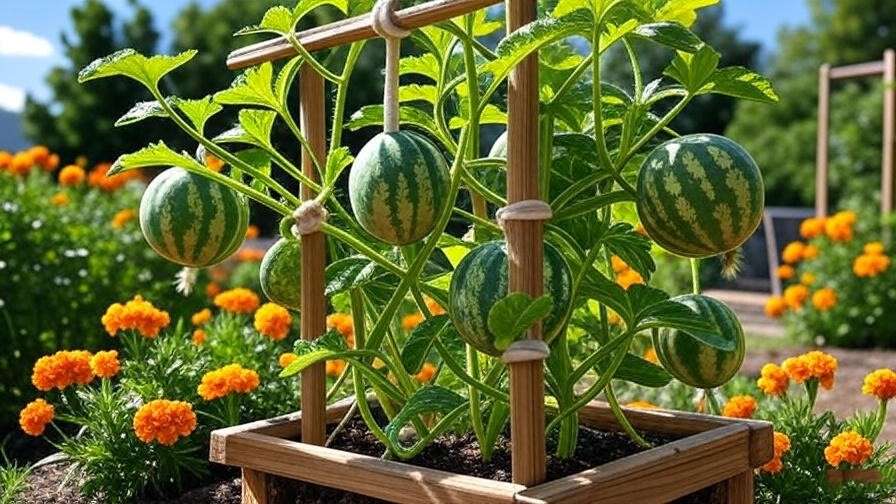  "Mini Love Watermelon plant on trellis with marigolds in small garden". 