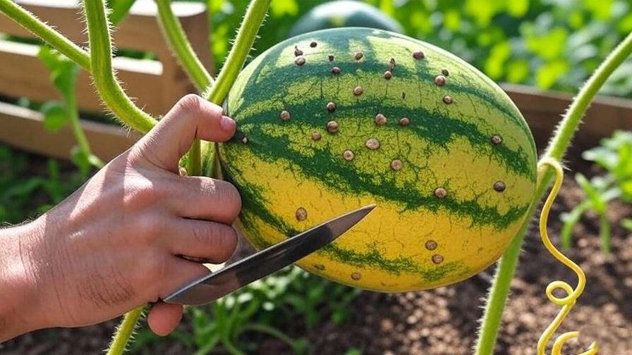 Harvesting ripe seeded watermelon from the vine in a garden". 
