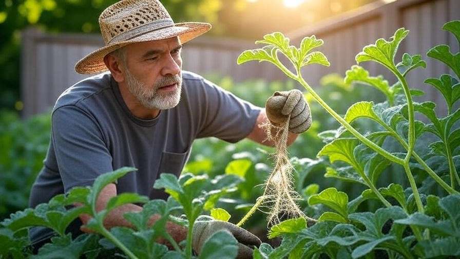 "Gardener inspecting wilting seeded watermelon vines for issues". 