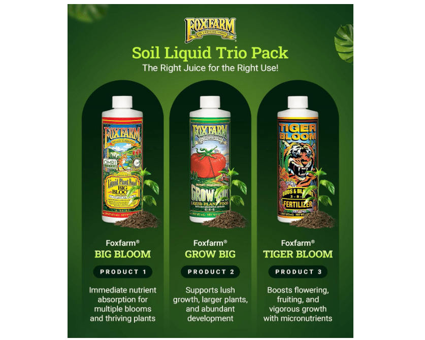 
FoxFarm Fertilizer Soil Trio Liquid Nutrient: Tiger Bloom, Grow Big, Big Bloom Bottles - (Pack of 3-