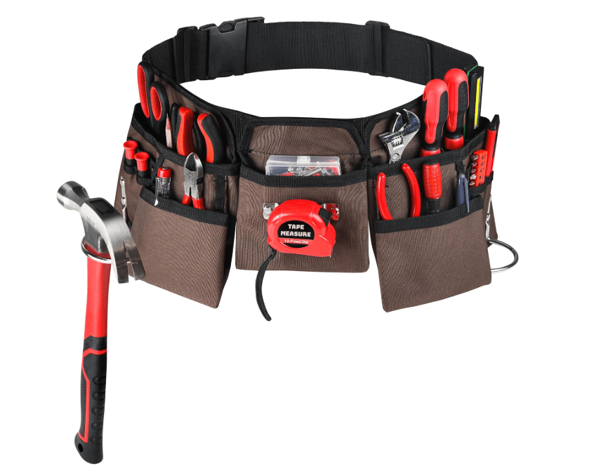 
19 Pocket Brown and Black Heavy Duty Construction Tool Belt, Work Apron, Tool Pouch, with Poly Web Belt Quick Release Buckle - Adjusts from 33” Inches All