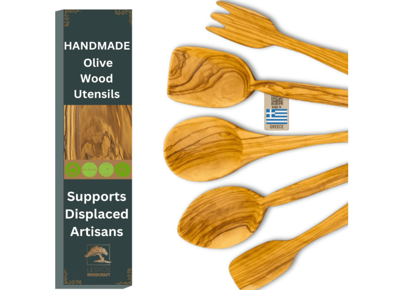 
Premium Olive Wood Cooking Utensil Set - 5-Piece Artisan Cooking and Serving Utensil Bundle, Olive Wood Utensils, Fair-Trade, Handcrafted, Includes 