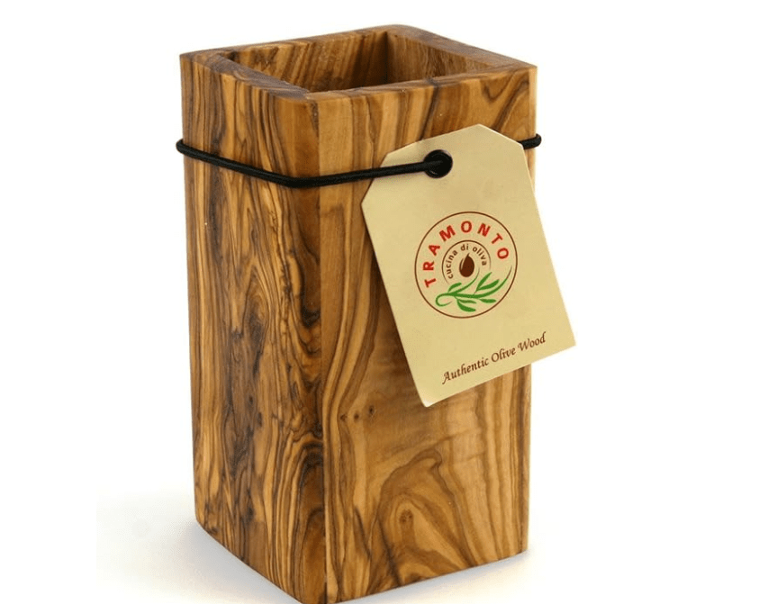 Tramanto Olive Wood Utensil Holder - Compact 3 x 3 Inch Square Wooden Crock for Kitchen Tools and Cooking (6 Inch Tall)