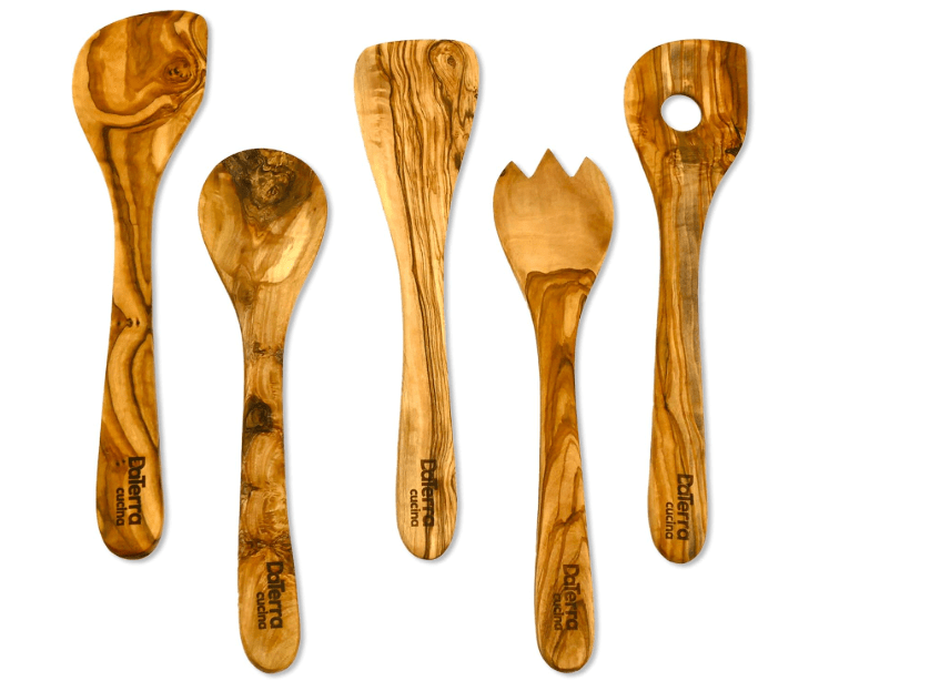 12-Inch Olive Wood Cooking Tools – 5-Piece Wooden Kitchen Utensils Set with Spoons, Spatulas & Cooking Tools – Wood Kitchen Utensils Set for Cookin