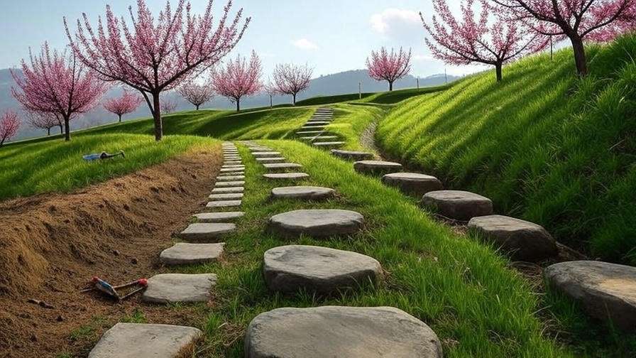 Terraced pathway with stepping stones to cherry orchard on slope