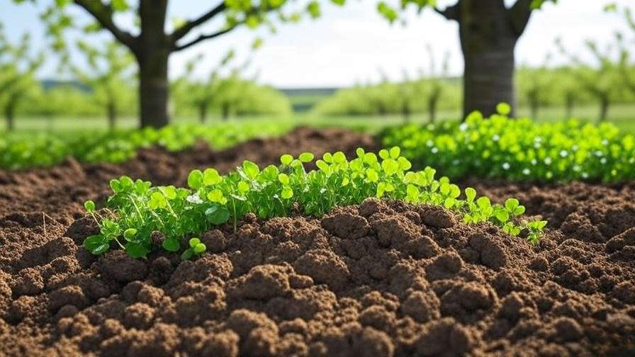 Aerated soil with clover cover crops around a cherry tree for improved soil structure"
