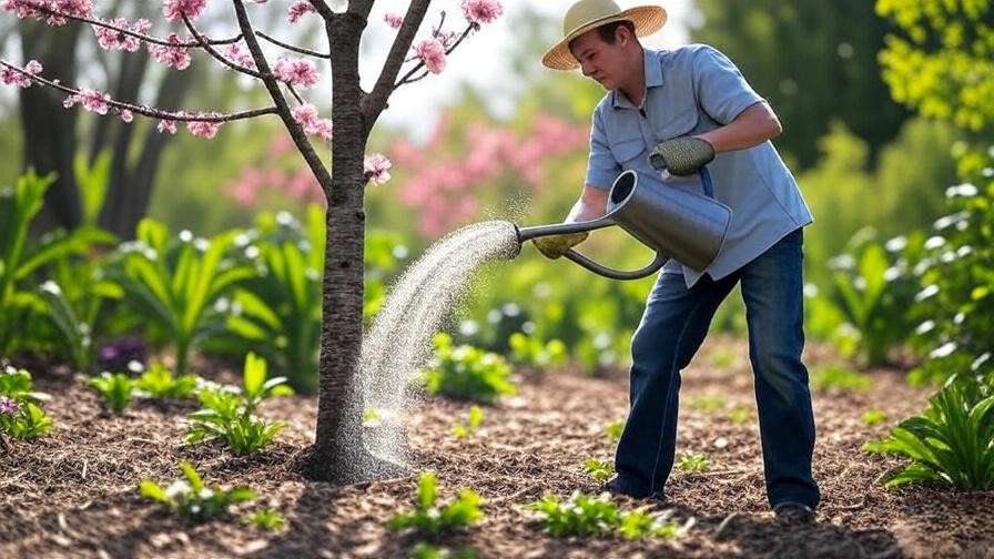 Gardener applying chelated iron fertilizer to cherry tree with mulch and watering can in garden."