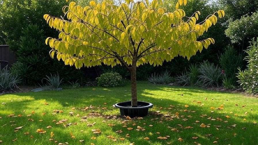Cherry tree with yellowing leaves and moisture meter for troubleshooting
