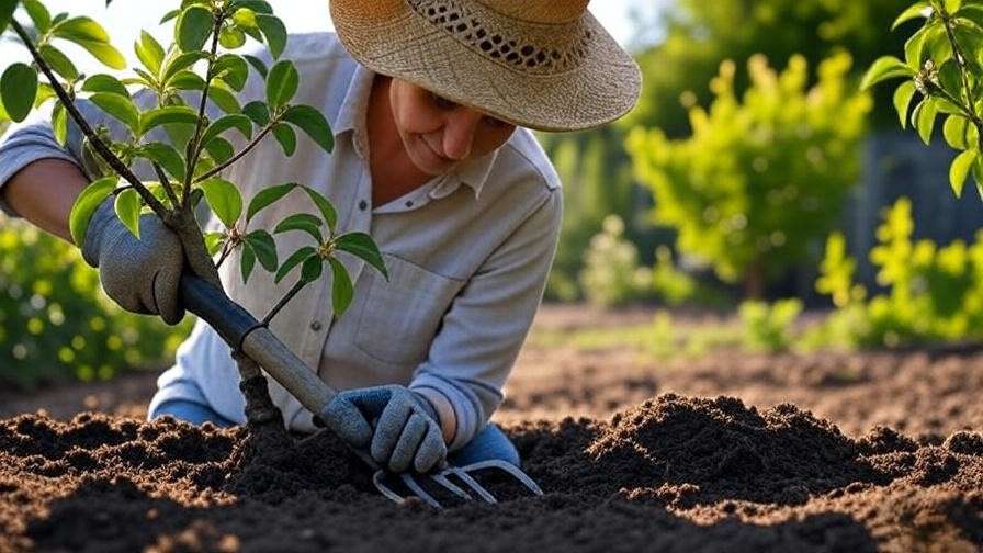 "Gardener aerating compacted soil around a cherry tree with a garden fork in a sunny garden."