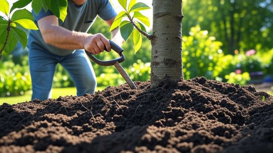 Gardener aerating soil around cherry tree with garden fork for root health."