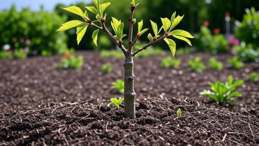 Grafted cherry tree with new growth and protective wrapping
