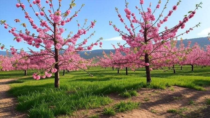 Bees pollinating cherry tree blossoms in a thriving orchard