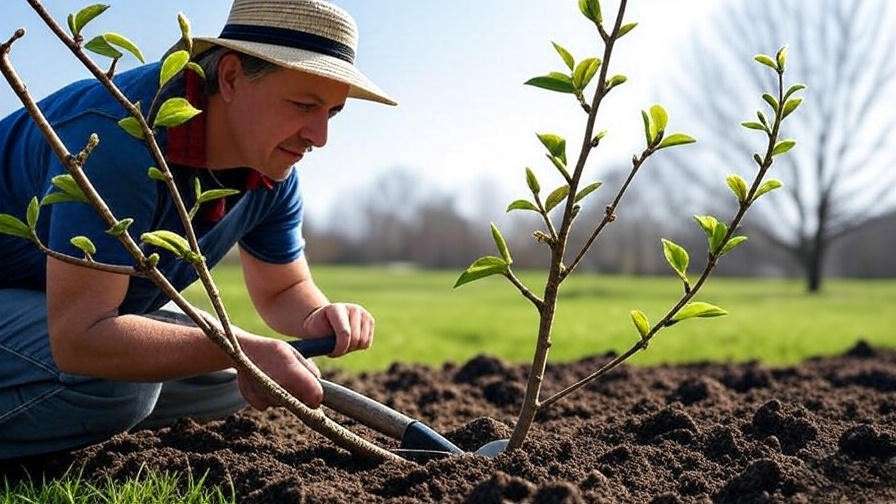 Gardener preparing well-drained soil with compost for a young cherry tree".