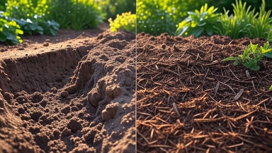 "Before and after view of cherry tree root zone with amended soil and compost."