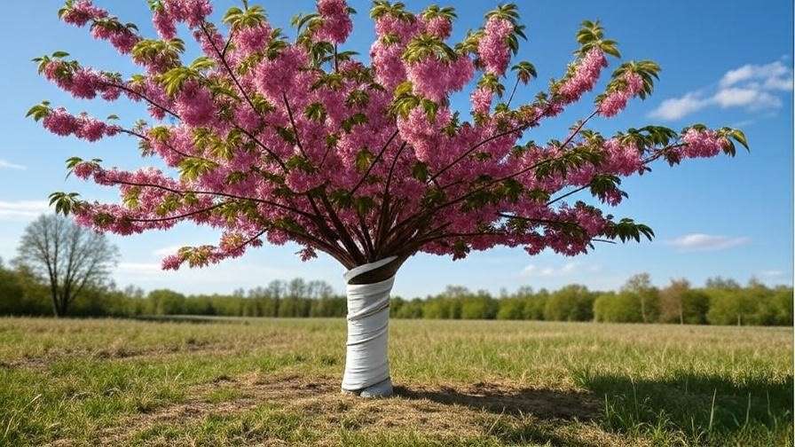 "Cherry tree with white protective wrap around trunk in sunny field