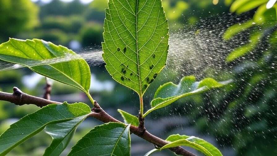 Soapy water spray applied to aphid-infested cherry tree leaves for natural pest control