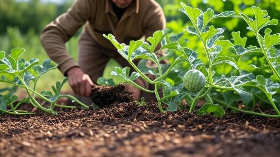 Store-bought compost pile with healthy watermelon seedlings in a raised bed."
