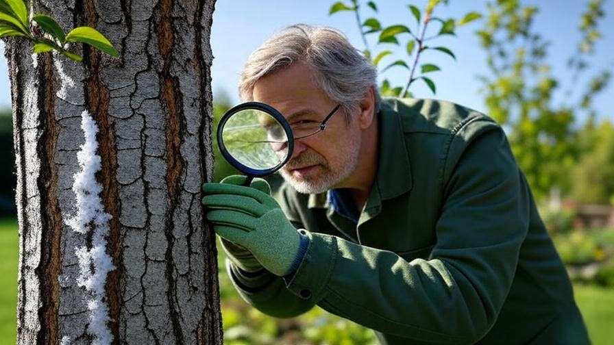 Gardener inspecting cherry tree trunk for winter damage with magnifying glass".