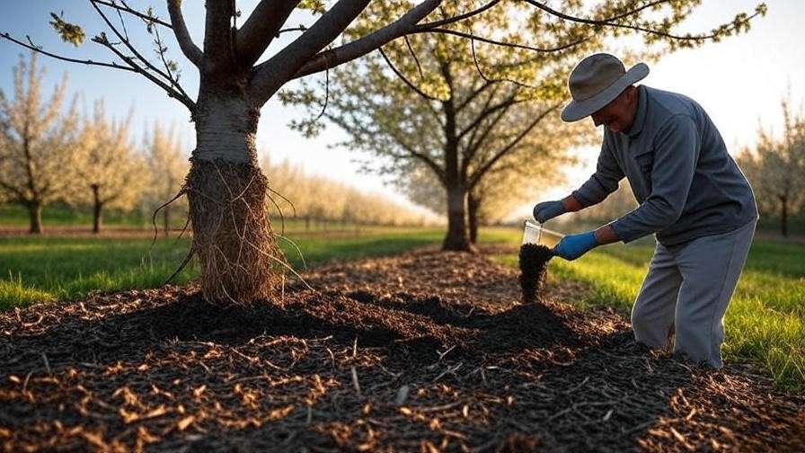 "Gardener testing soil with a kit near a cherry tree base with mulch in an orchard."