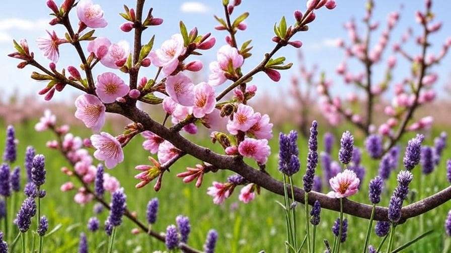 Bees pollinating cherry blossoms with lavender and clover flowers in an orchard".
